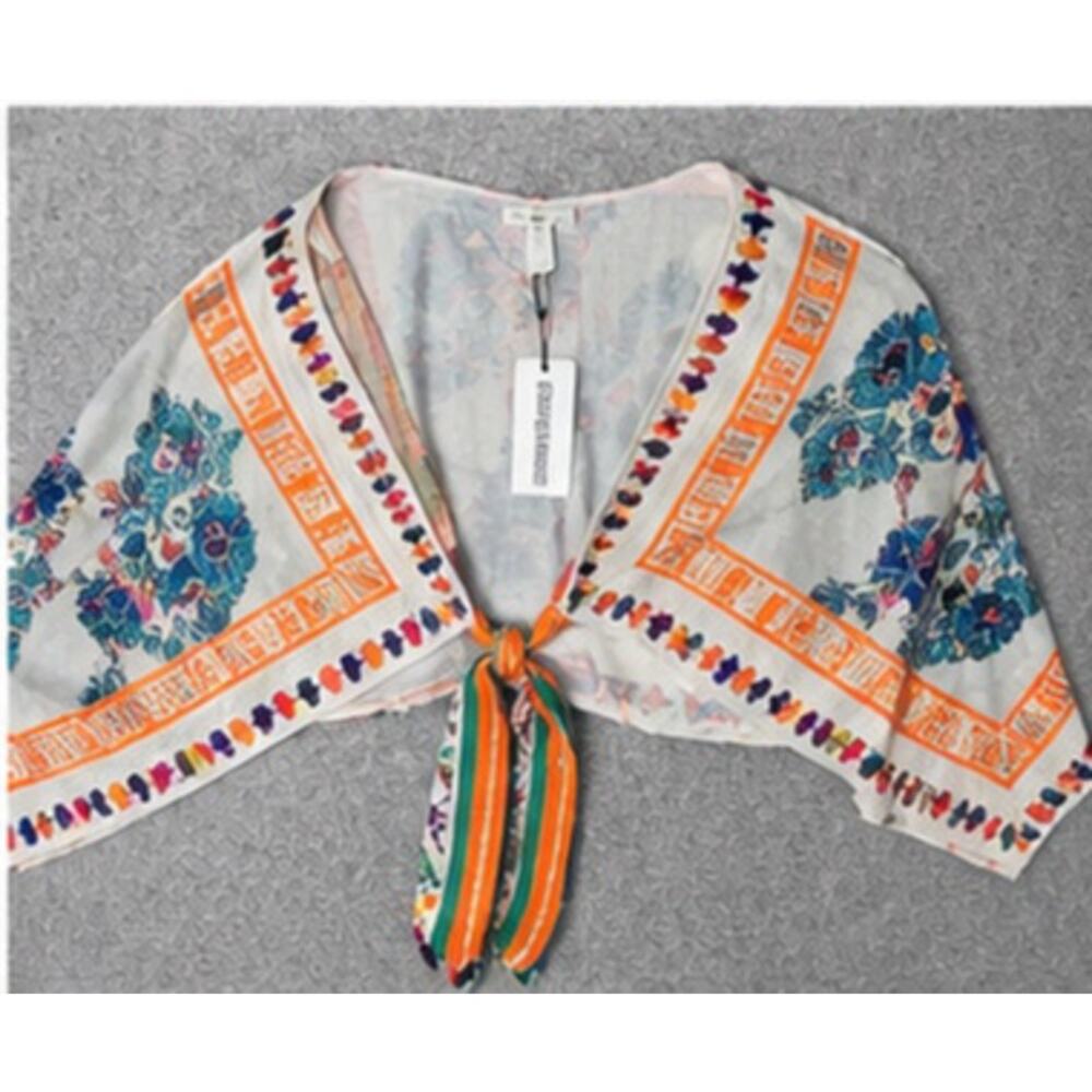 Commense Printed Tie Front Cropped Kimono Shawl Top NWT